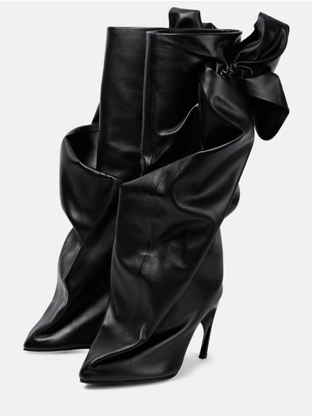 Black Bow Stitching Sleeve Pleated Special-shaped High Heel Women's Boots